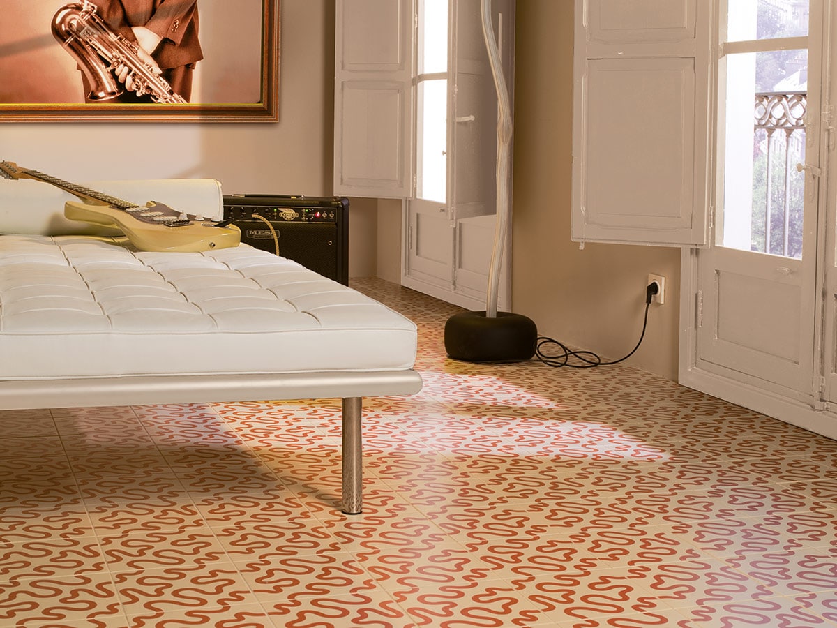 warming European bedroom with a tiled floor