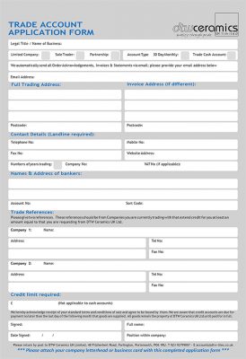 DTW Ceramics trade account form