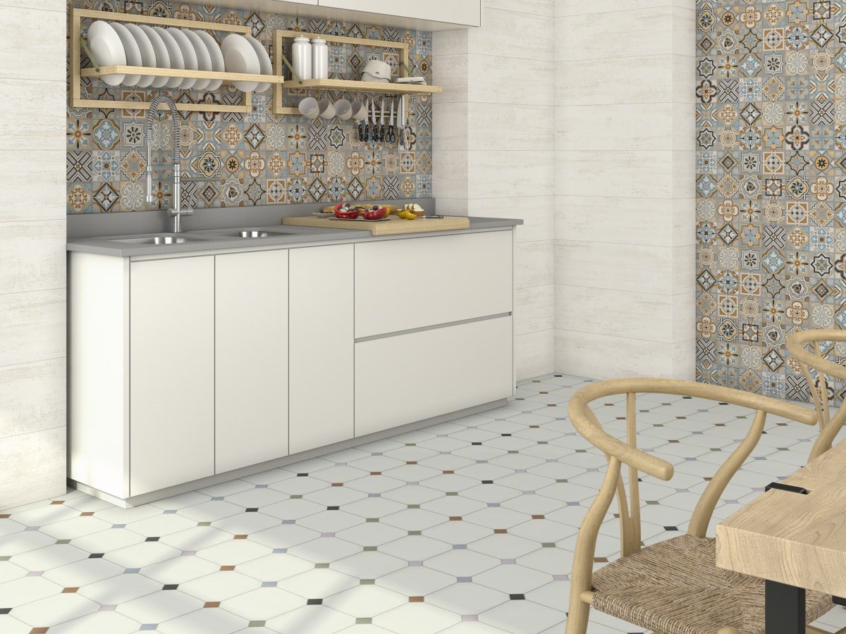 patchwork style kitchen with multi colours octagon floor tiles