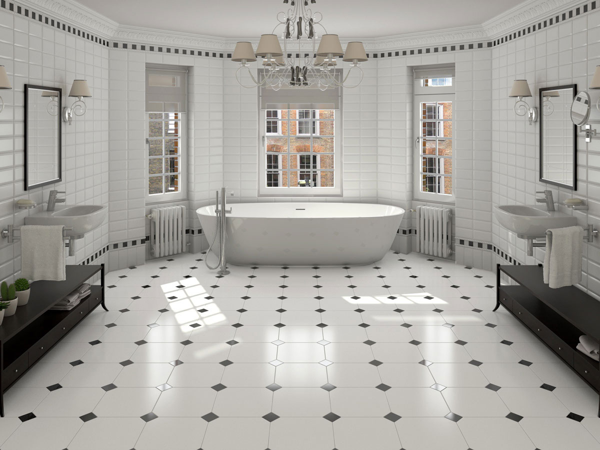 Victorian bathroom with black and white octagon floor tiles