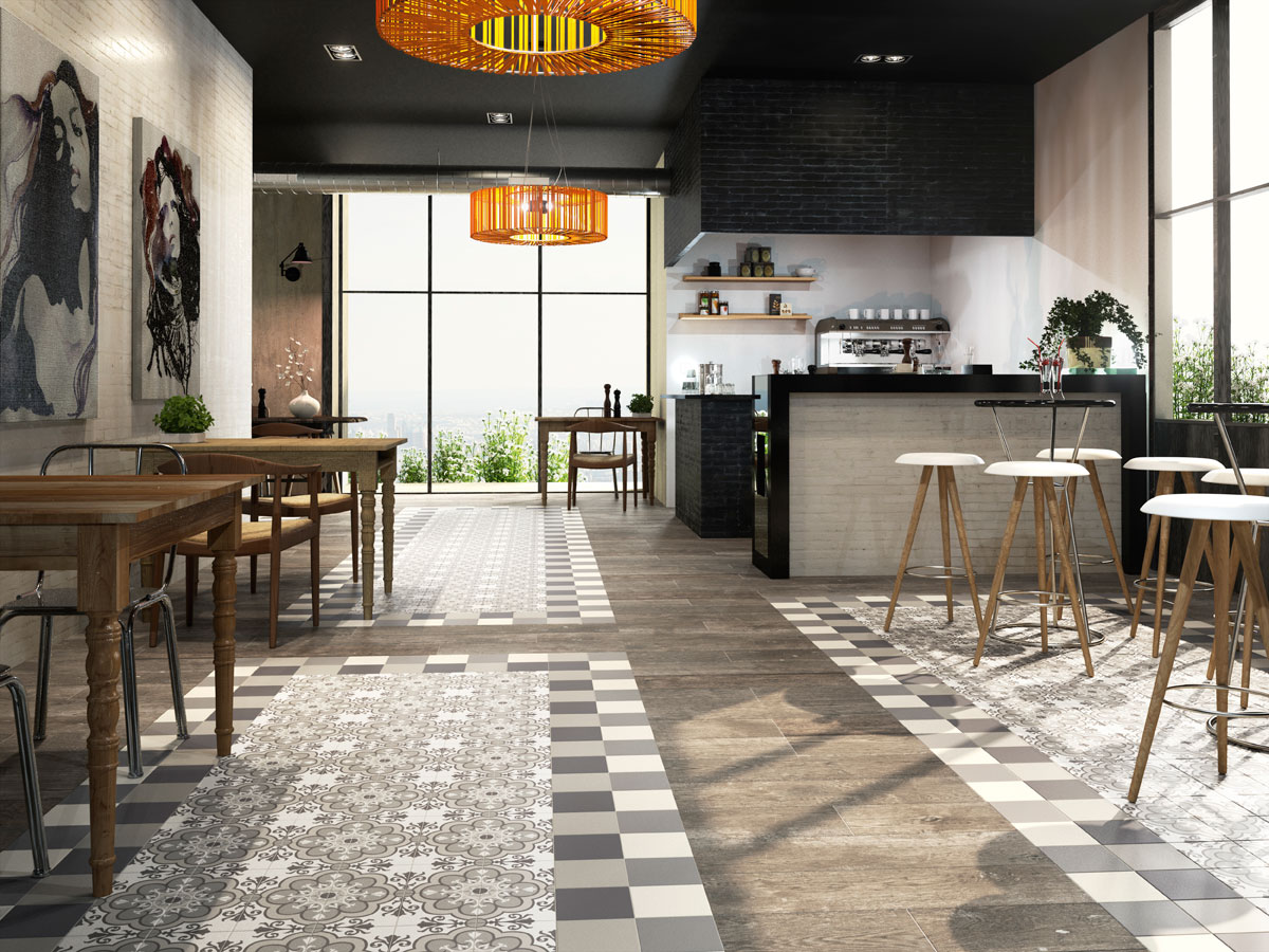 alternate patterned floor in a modern lunch bar