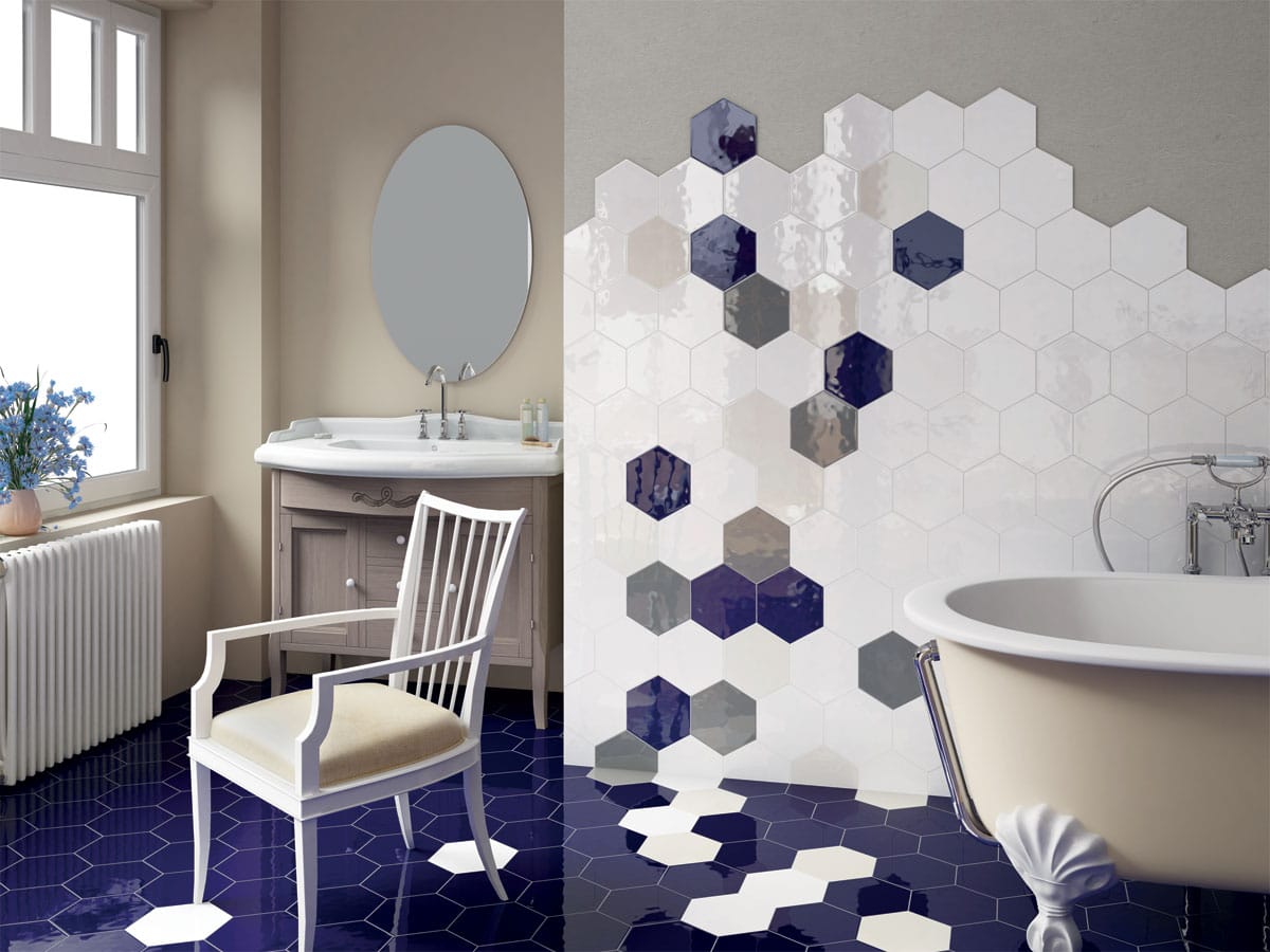 an amazing bathroom tiled in gloss hexagon wall and floor tiles