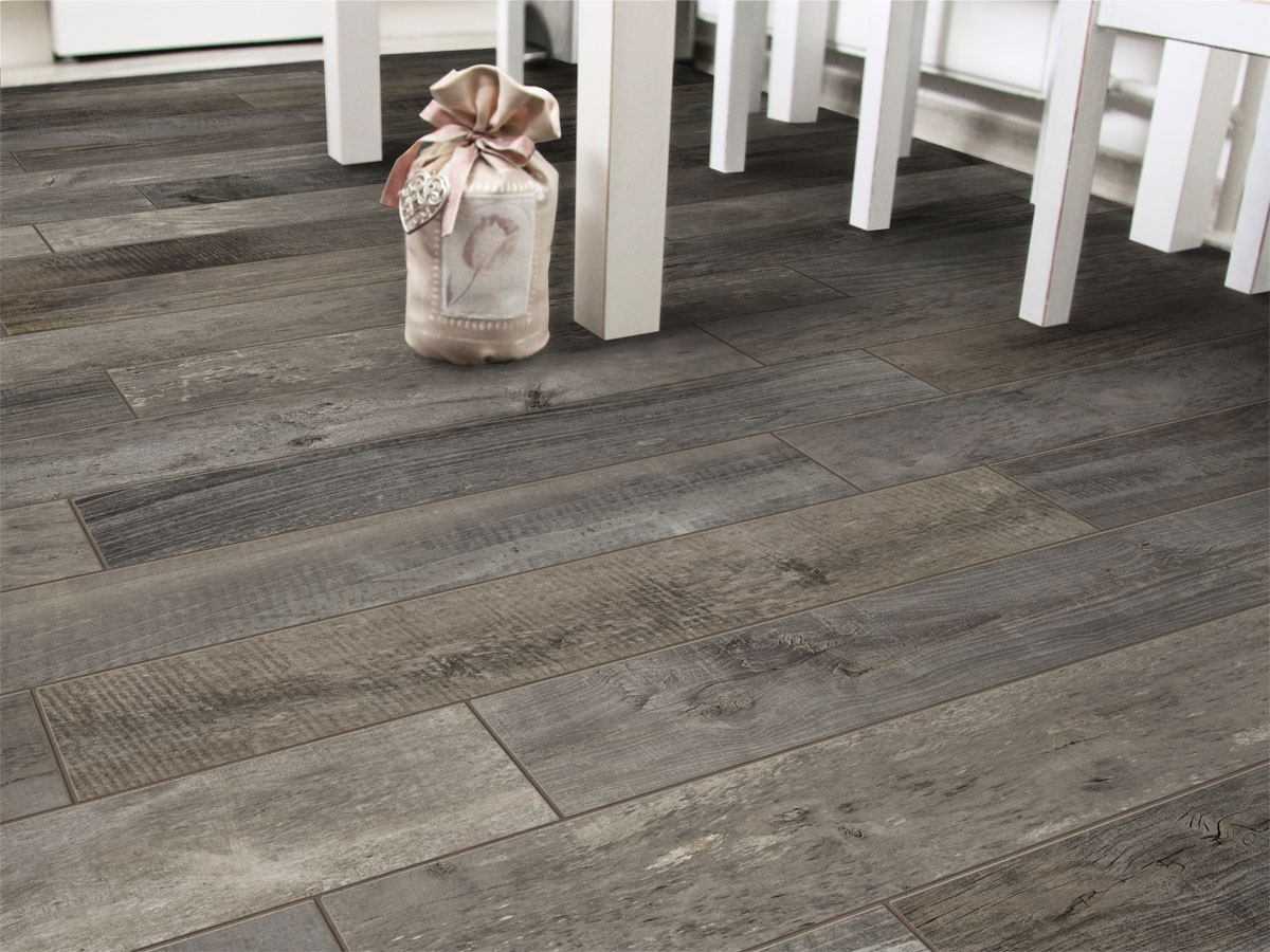 wood effect tiled floor in dark grey