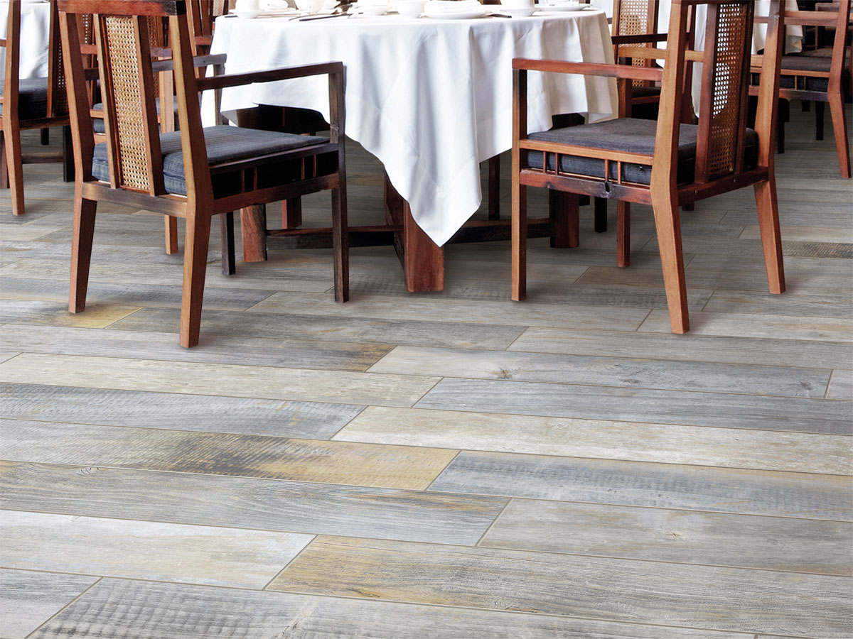 light coloured wood effect flooring in in a dinning hall