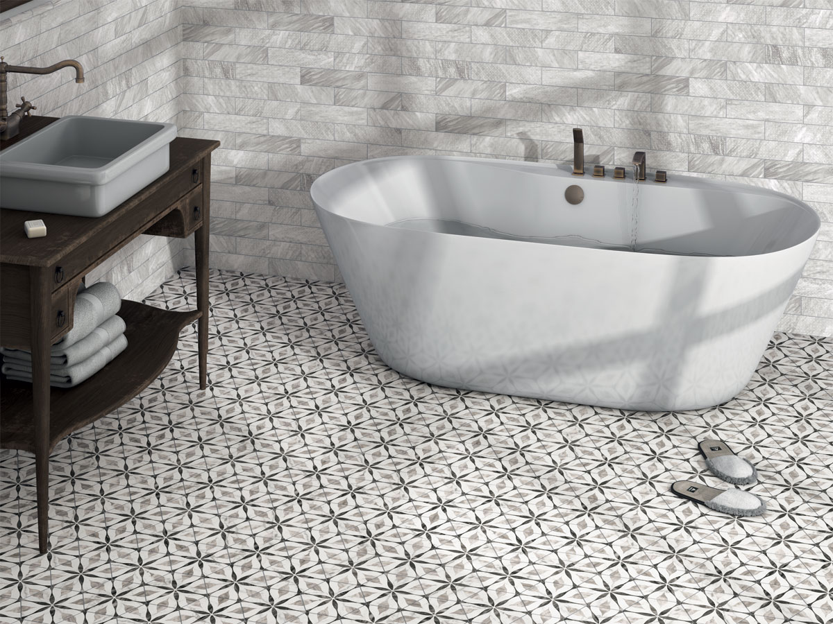 hexagon patterned tiles with a freestanding