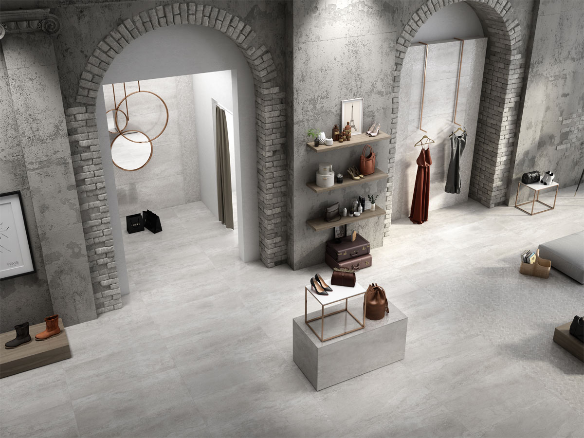 designer boutique changing rooms with a tiled floor