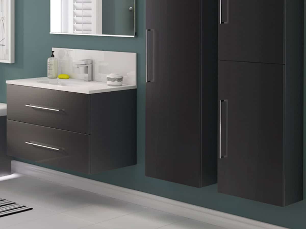 dark coloured bathroom units with tall storage