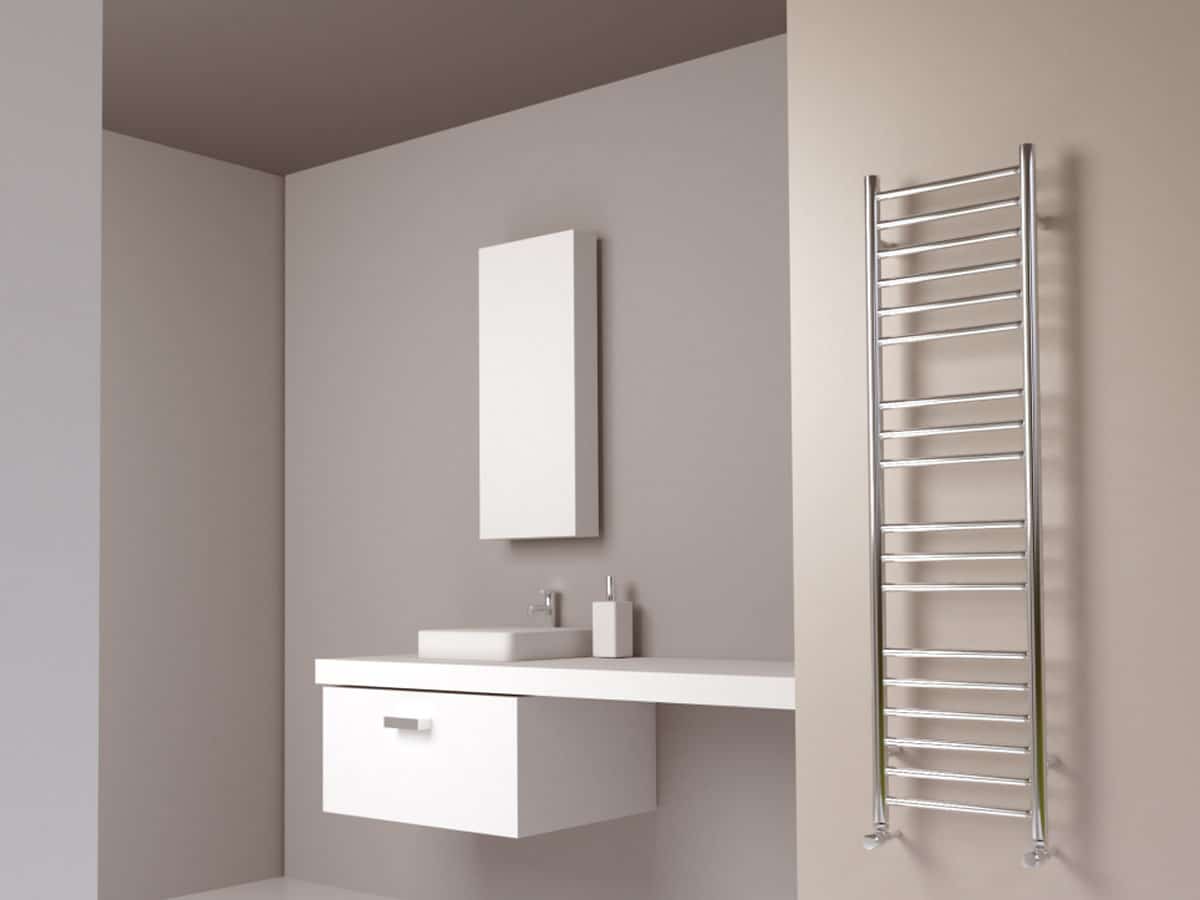 stainless steel radiator in a minimalist bathroom