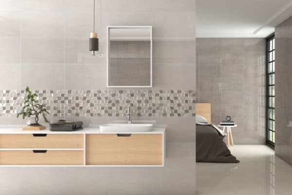 designer ensuite with modern slim countertop basin and storage