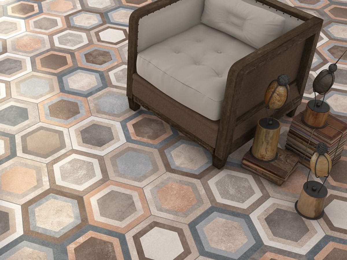 patterned hexagon floor tile with vintage furniture